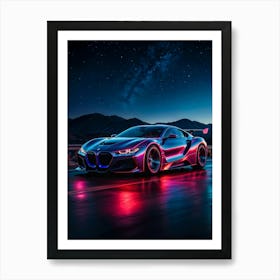 BMW neon car at night, a racing star. Synthwave vibes and futuristic design create a fast, automotive masterpiece. Art Print