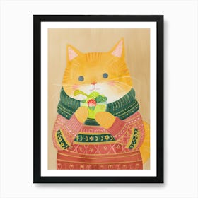 Cute Brown Cat Eating Salad Folk Illustration 3 Art Print