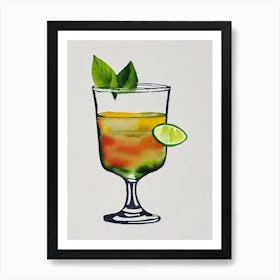 Italian Margarita 2 Minimal Line Drawing With Watercolour Cocktail Poster Art Print