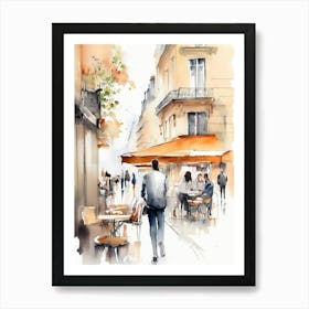 Paris city, passersby, cafes, apricot atmosphere, watercolors.10 Art Print