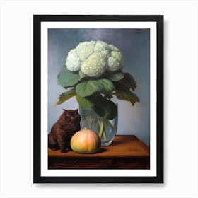 Painting Of A Still Life Of A Hydrangea With A Cat, Realism 1 Art Print