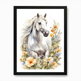 Watercolor Horse With Flowers Art Print