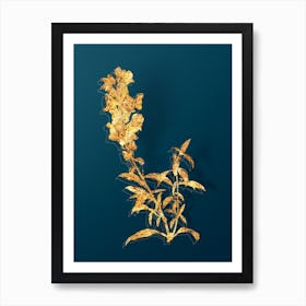 Vintage Red Dragon Flowers Botanical in Gold on Teal Blue n.0345 Art Print
