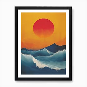 Japandi Cubist Fusion: Sunset Over The Ocean Art Print