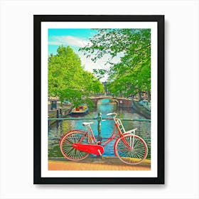 Red Bicycle On A Bridge In Amsterdam, The Netherlands Art Print