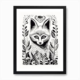 Fox In The Forest Linocut White Illustration 20 Art Print