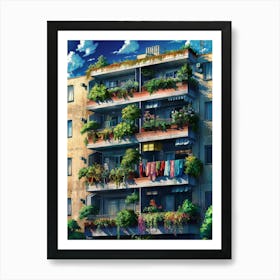 Lofi Anime Art: Lively apartment facade with lush balcony plants, colorful laundry, and sunny urban charm. Perfect for nostalgic city vibes. Art Print