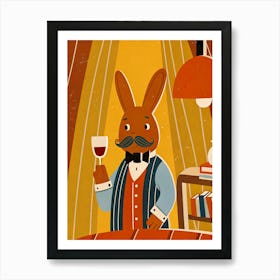 Hare Rabbit With Moustache and Glass Of Wine Art Print