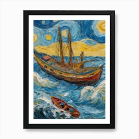 Boats In The Ocean And Cloudy Sky Art Print