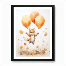 Fox Flying With Autumn Fall Pumpkins And Balloons Watercolour Nursery 2 Art Print