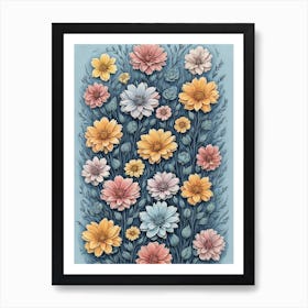 Ilustration V2 Colourful Sketched Flowers Growing Upwards Past 2 Art Print