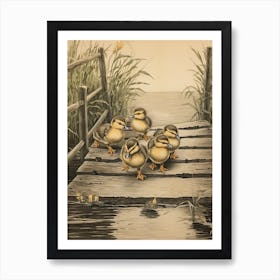 Ducklings On The Wooden Bridge Japanese Woodblock Style 3 Art Print