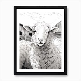 Black & White Illustration Of Highland Sheep In The Barn 2 Art Print