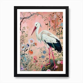 Floral Animal Painting Stork 2 Art Print