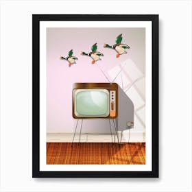 Flying porcelain birds and television. Art Print