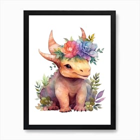 Triceratops With A Crown Of Flowers Cute Dinosaur Watercolour 4 Art Print