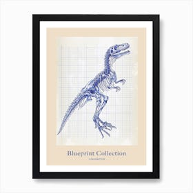 Utahraptor Dinosaur Skeleton Blue Print Style Poster Art Print