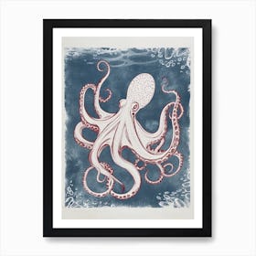 Navy Blue & Red Linocut Inspired Octopus 6 Art Print