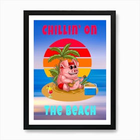 Colorful Pig Illustration Pig In Sunglasses On The Beach Under A Palm Tree Playing Music -2 Art Print