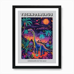 Abstract Neon Dinosaurs In Jurassic Landscape 1 Poster Art Print