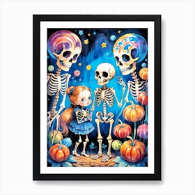Cute Halloween Skeleton Family Painting (23) Art Print