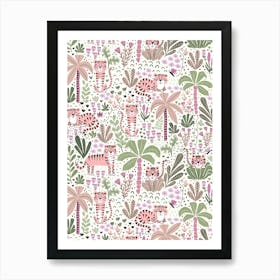 Happy Pink Tigers in the Palm Tree Jungle on White Art Print