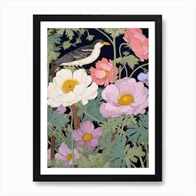 Japanese Anenome And Bird 2 Vintage Japanese Botanical Art Print