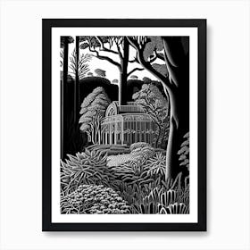 Kew Gardens, United Kingdom Linocut Black And White Vintage Art Print