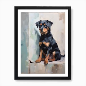 Rottweiler Dog, Painting In Light Teal And Brown 2 Art Print