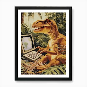 Dinosaur At A Computer Retro Collage 2 Art Print