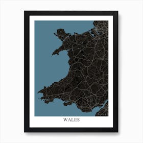 Wales Black Blue Map Art Print