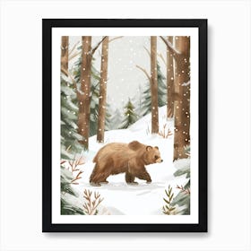 Sloth Bear Walking Through A Snow Covered Forest Storybook Illustration 4 Art Print