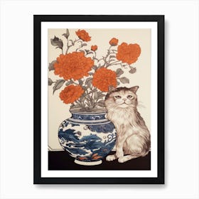 Drawing Of A Still Life Of Peony With A Cat 3 Art Print