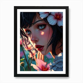 Anime Girl With Flowers Art Print