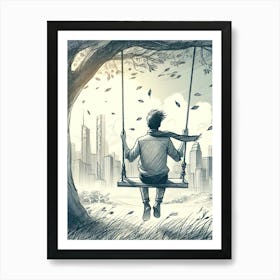 Moody Man on Swing Sketch 11 Art Print