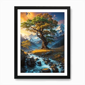 Lone Tree In The Mountains Print Art Print