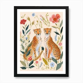 Folksy Floral Animal Drawing Cheetah 2 Art Print