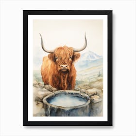 Highland Cow Drinking Water From Trough 2 Art Print
