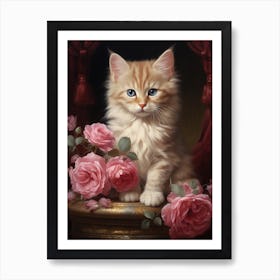 Cat With Blush Pink Flowers Rococo Style 4 Art Print