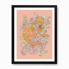 Cute Abyssinian Cat With Flowers Illustration 3 Art Print