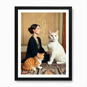 Portrait Of A Woman With Cats Art Print