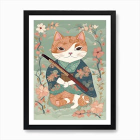 Cute Samurai Cat In The Style Of William Morris 3 Art Print