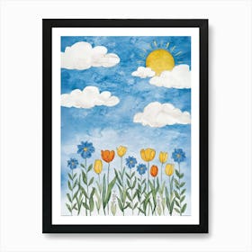 Watercolor Flowers On A Blue Sky Art Print