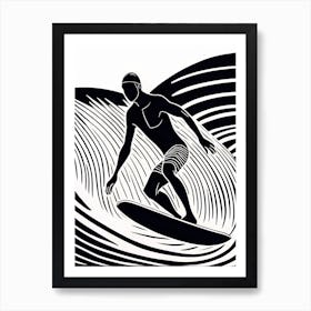 Linocut Black And White Surfer On A Wave art, surfing art, 255 Art Print