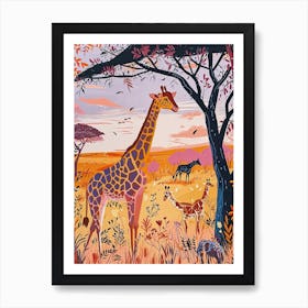 Giraffe In The Wild With Other Animals Watercolour Style 2 Art Print