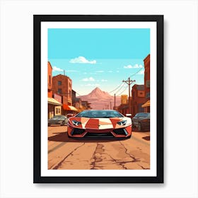 A Lamborghini Aventador Car In Route 66 Flat Illustration 4 Art Print