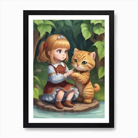 Girl & cat Art Print