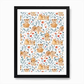 Little Lion Cubs And Flowers In Watercolor Art Print