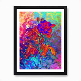 French Rosebush with Variegated Flowers Botanical in Acid Neon Pink Green and Blue n.0016 Art Print