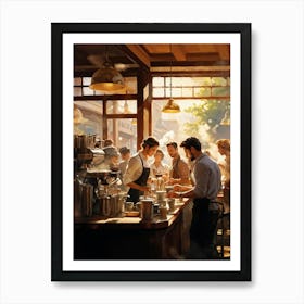 A Busy Cafe Scene Captured In Impressionist Style Barista Bustling Amidst The Morning Rush Meticul (1) Art Print